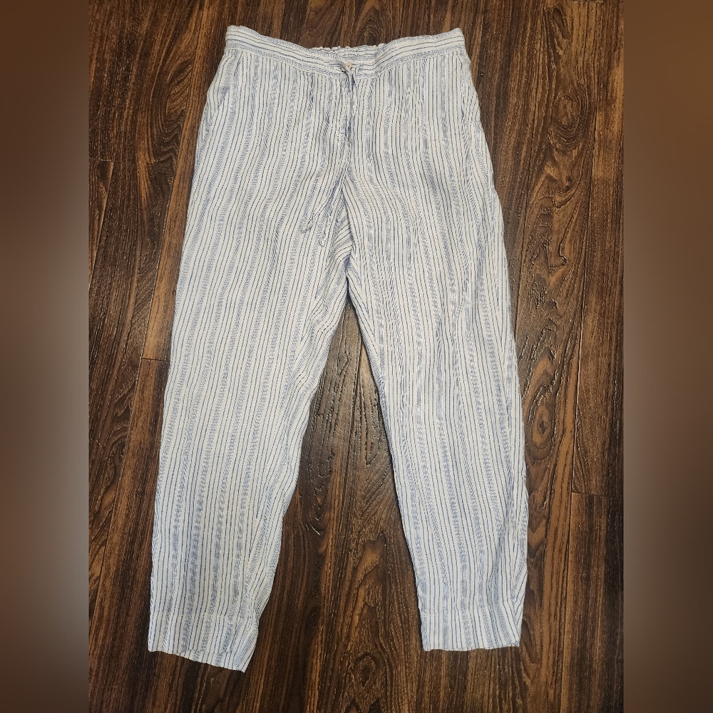 Tommy Bahama 100% Linen Blue White Striped Button Zip Pants SZ M EUC